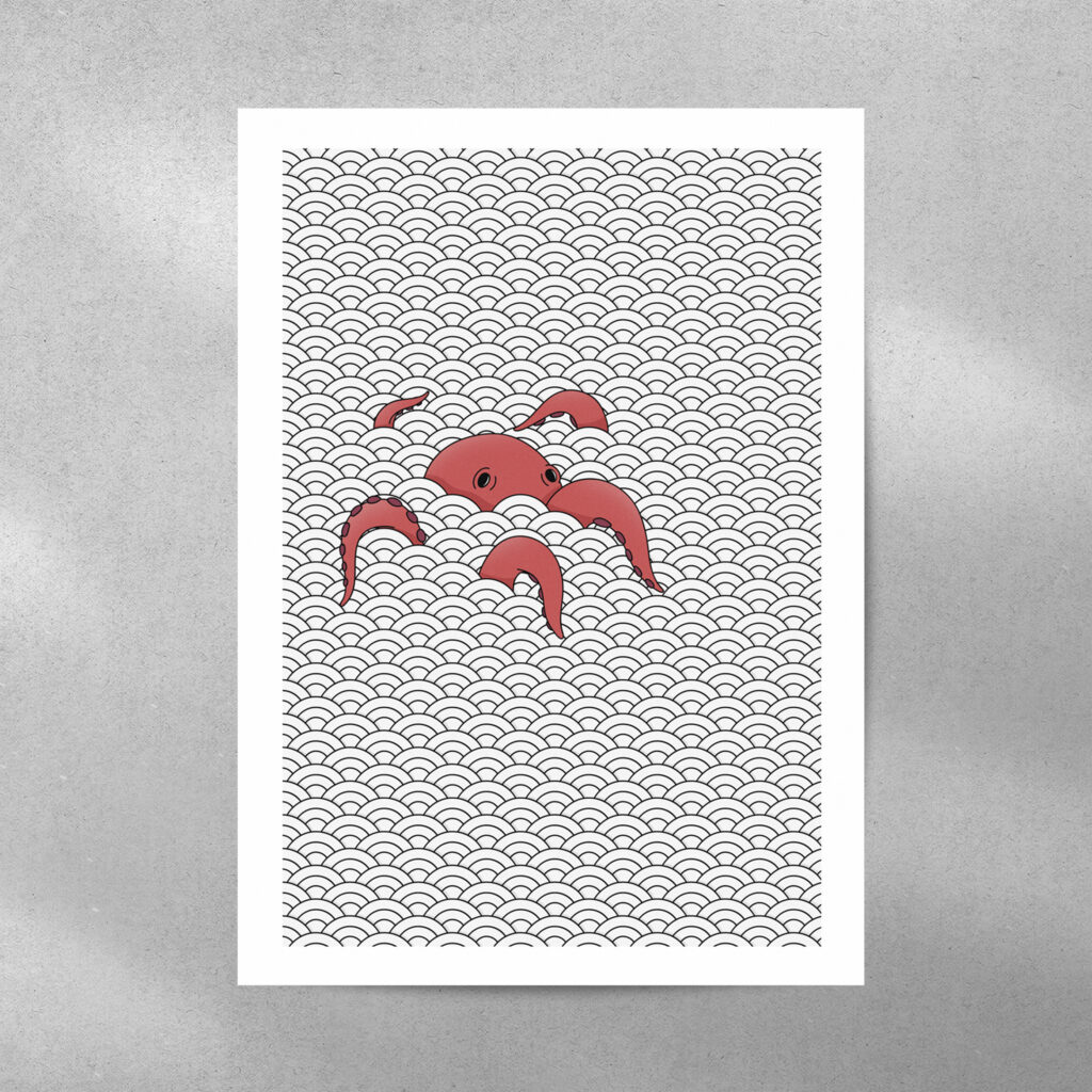 Octopus Legends: pulpo rojo entre ondas, ilustración de Hugo Giner