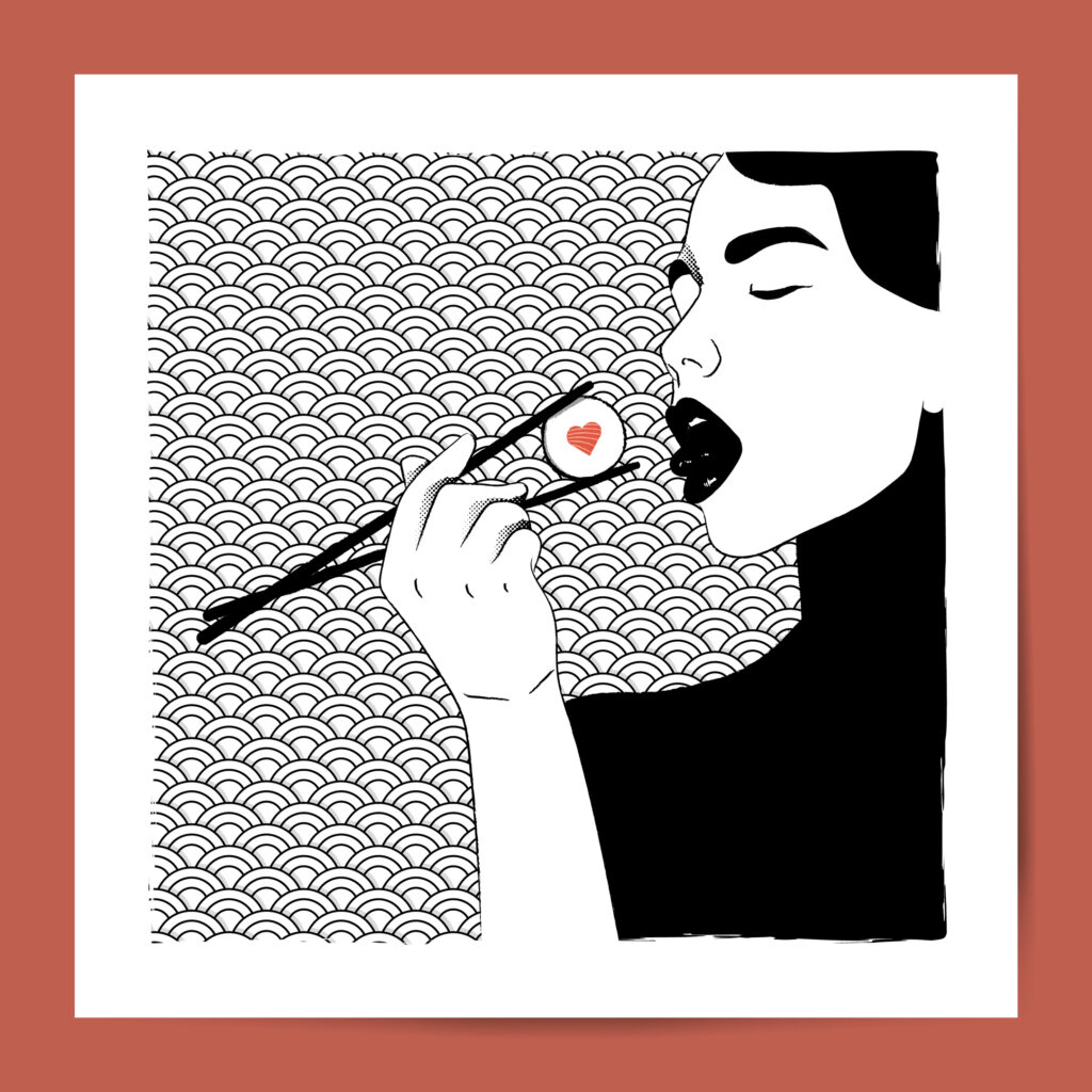 Love Sushi: mujer con palillos y patrón de ondas, ilustración de Hugo Giner