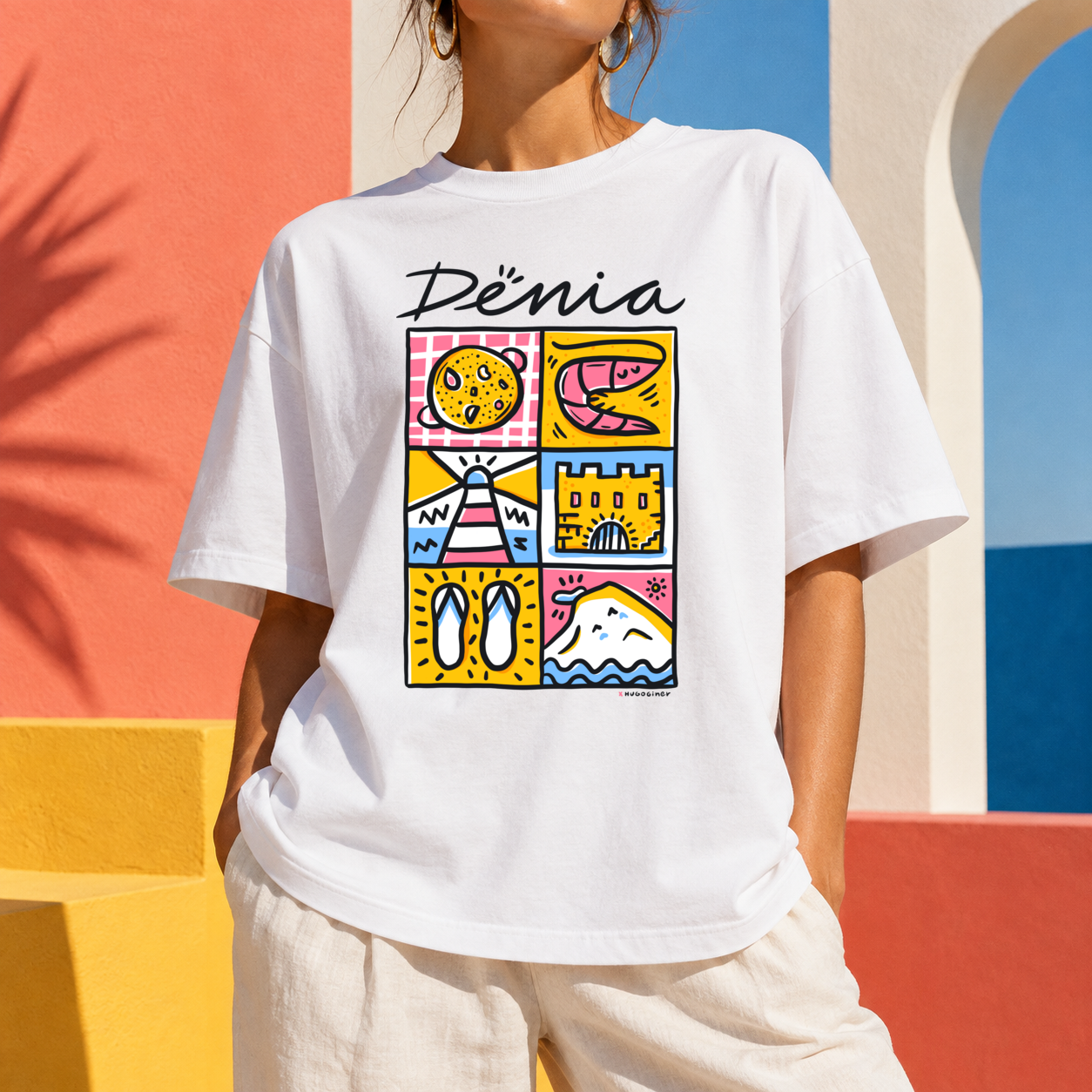 Aplicación de la ilustración Dénia de Hugo Giner sobre camiseta