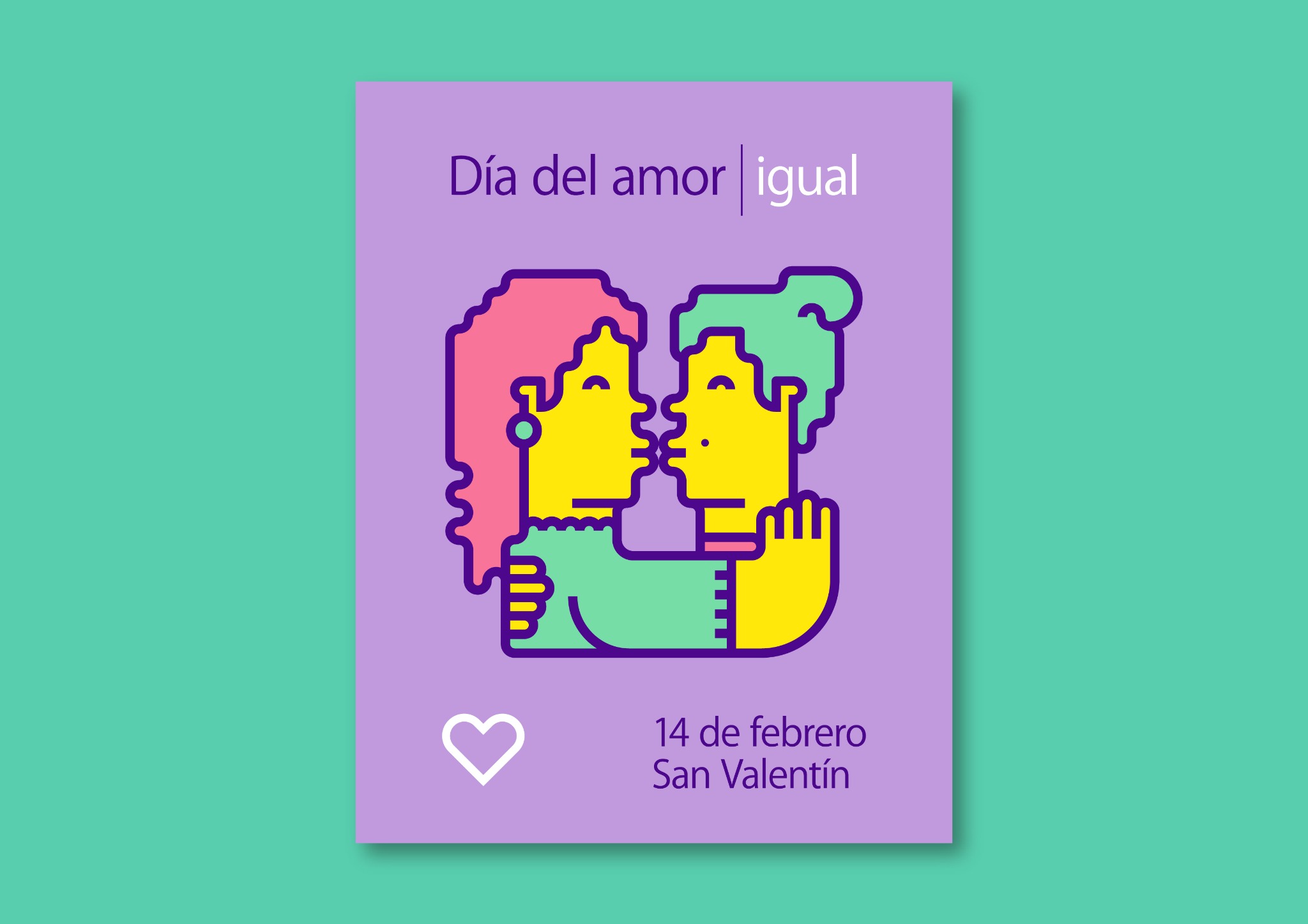 Cartel lila con dos personajes ilustrados y la palabra igual