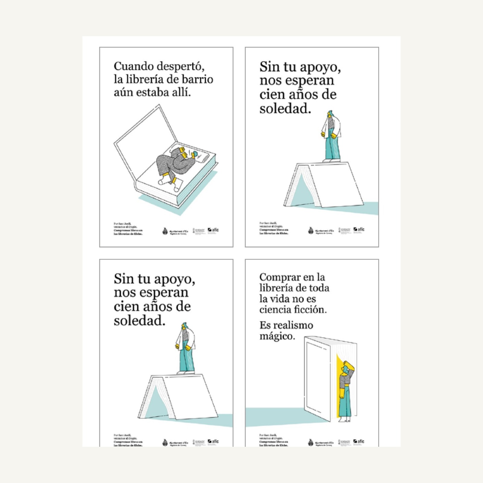 Carteles ilustrados de apoyo a las librerías y el comercio local de Elche