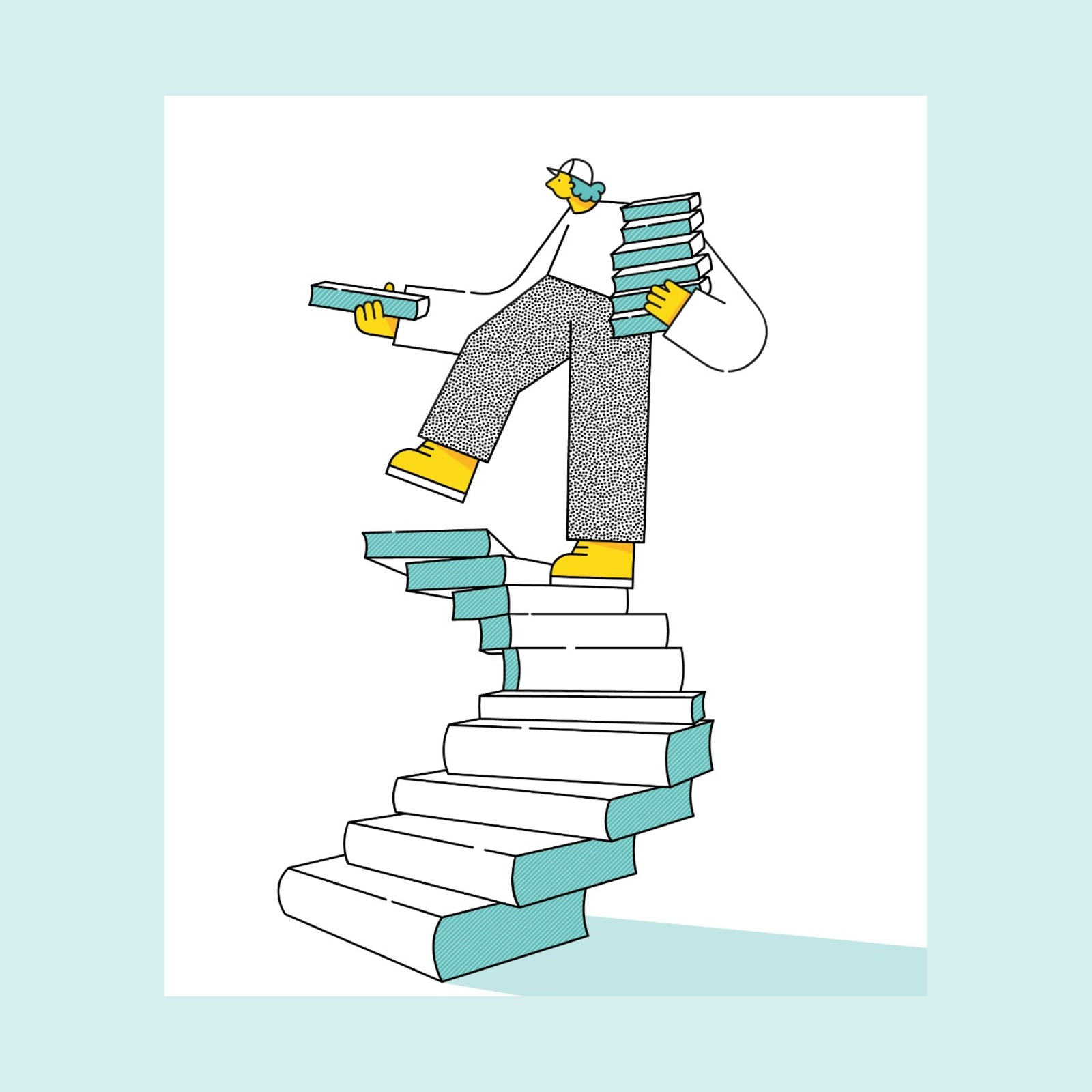 Personaje ilustrado caminando sobre una escalera de libros