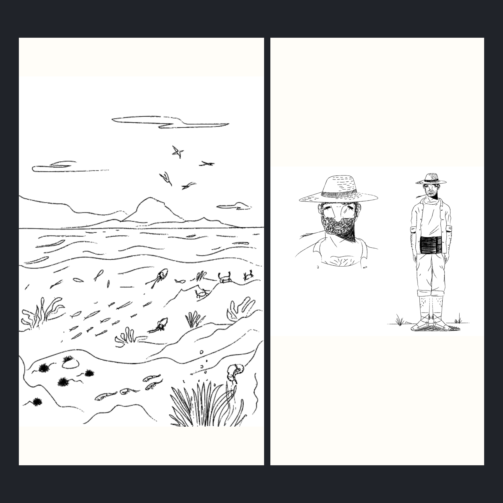 Composición de paisaje submarino y estudio de personaje para Nits de Tinta