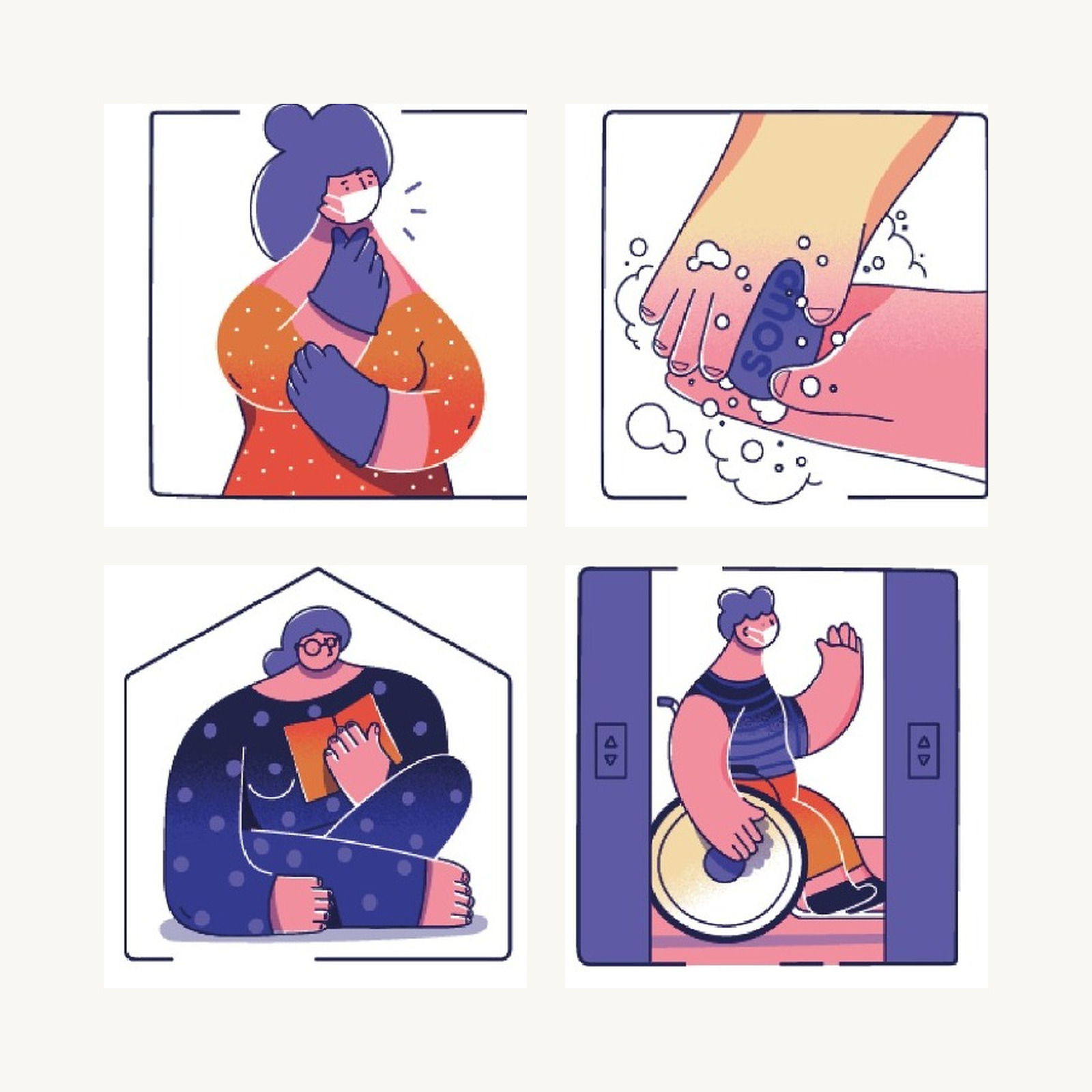 Viñetas ilustradas sobre higiene, movilidad y medidas de seguridad
